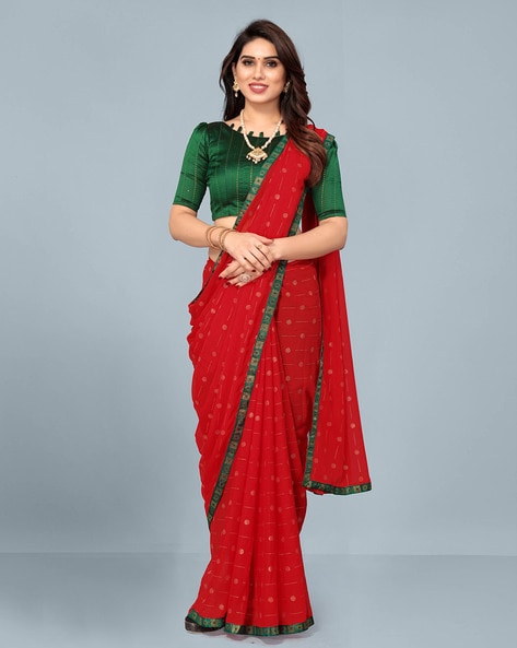 Red Silk Saree With Contrast Blouse