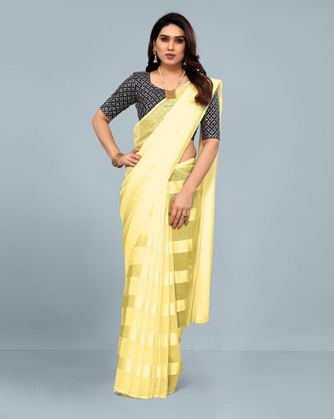 CHARUKRITI Lemon Yellow Cotton Floral Print Saree With Unstitched Blouse