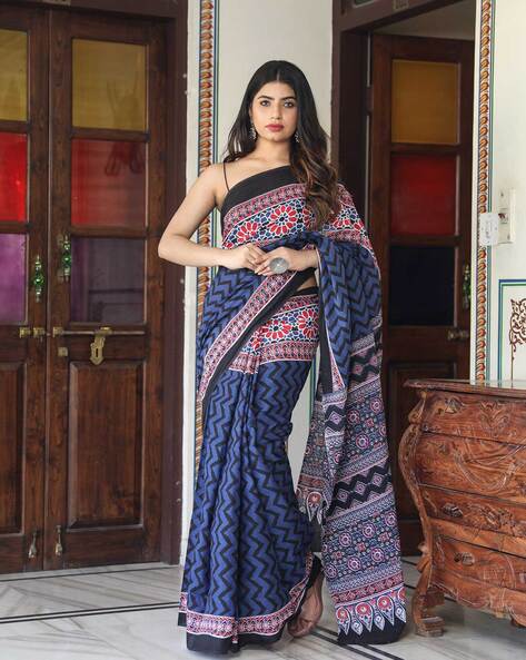 Buy Indigo Hand Block Printed Cotton Mul Saree | MAY_DP_SRC_13/MYE2 | The  loom