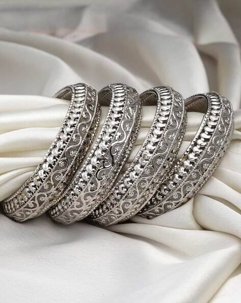 Zeneme Set of 4 Oxidised Silver-Plated Carved Bangles