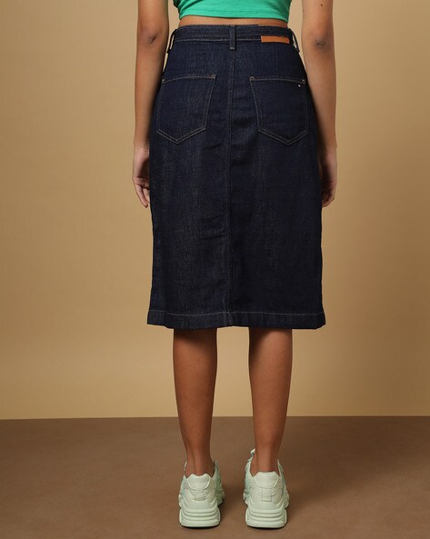 High Waist Denim Button Skirt-Marble Hive