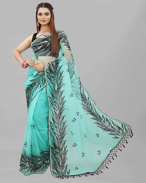 AQUA BLUE SEQUIN RUFFLE ORGANZA SAREE WITH BLOUSE – House Of Jamoti