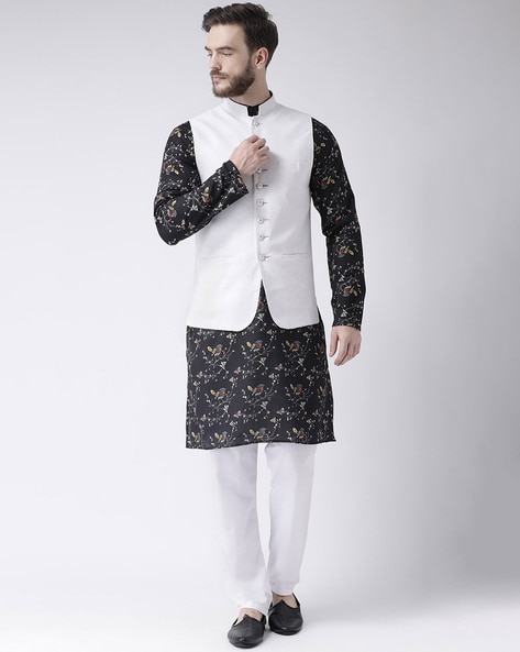 Yellow Kurta Pajama Set with Asymmetric Nehru Jacket in Black