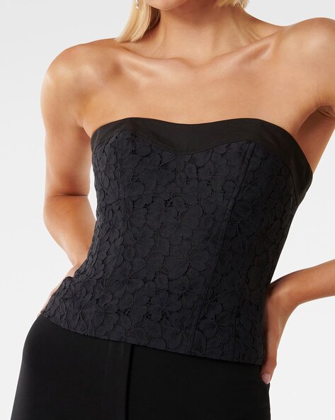 Black and Beige Bustier Top - Strapless Corset Top - Lace Top - Lulus