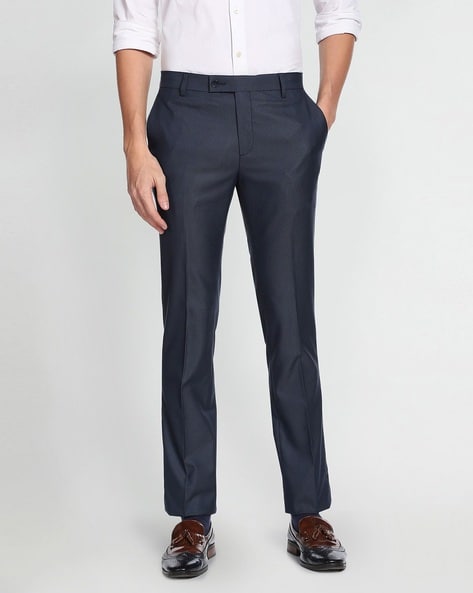 Buy Men Navy Custom Fit Solid Formal Trousers Online - 877343 | Allen Solly