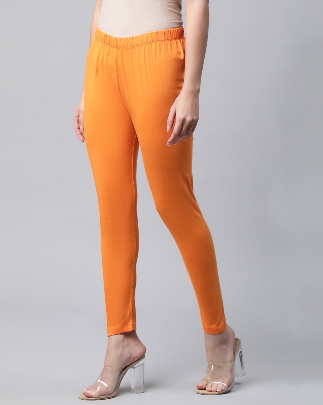 Cotton Lycra Solid Plus Size Ankle Length Leggings Orange color