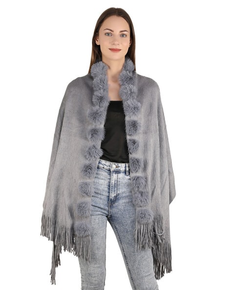 Woolen Fur Collar Stole with Fringes Price in India