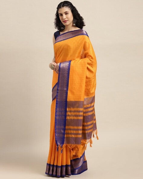 Tango Orange and Blue Zari Woven Kanjivaram Saree – MySilkLove