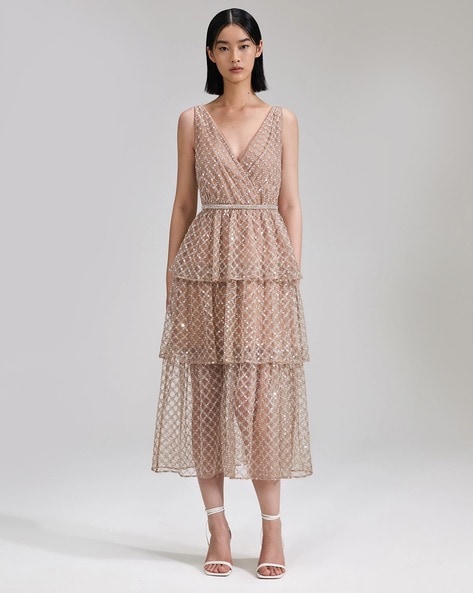 Buy Self Portrait Grid Sequin Tiered Midi Dress, Nude Color Women