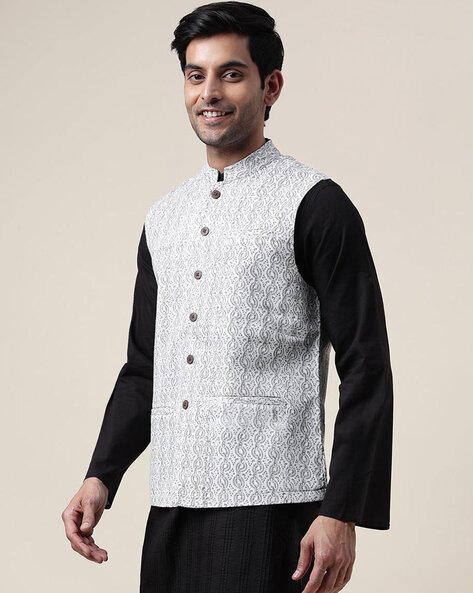 Nehru Jacket with White floral detailing - Study By Janak - 3591158