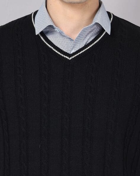Ajio V Neck Cable Knit Jumper Mens Men Regular Fit V-Neck Sweater