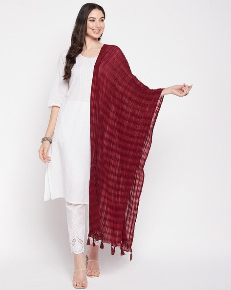Striped Cotton Dupatta with Tassels Price in India