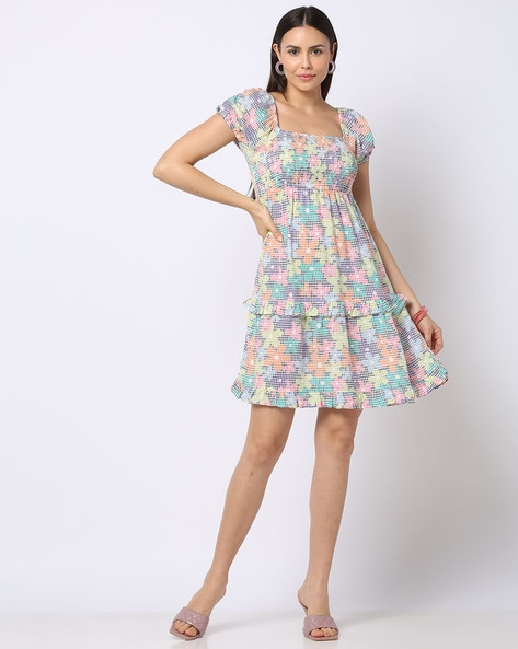 Floral Print Smocked Tiered Dress