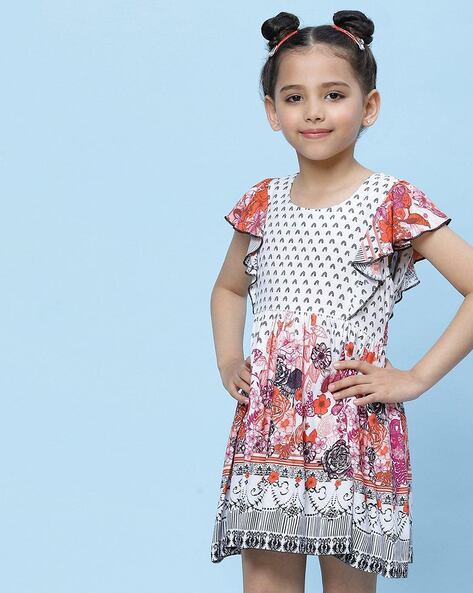 Medium Blue Print Knee Length Casual Girls Tiered Fit Dress - Selling Fast  at Pantaloons.com