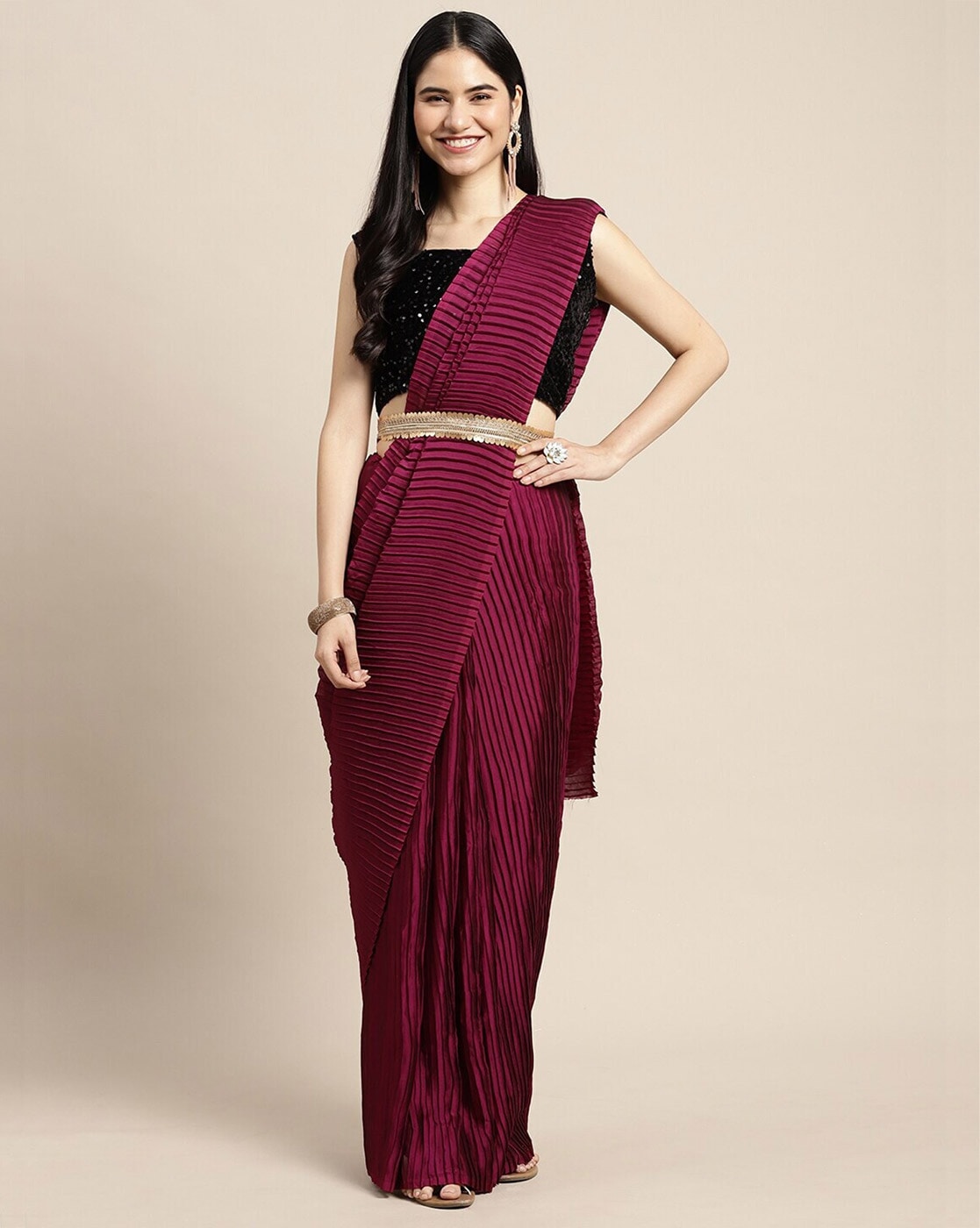 Buy Ethnic Dukaan Beige Chiffon Partywear Saree - Sarees for Women 333732 |  Myntra