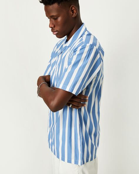 Blue white striped top dress shirt