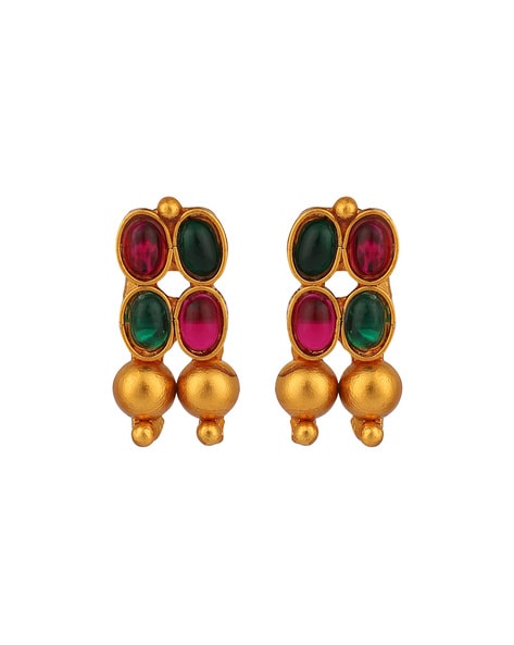 Radish pink and Green Kemp Stones Temple Jewellery Ear stud South India  Earrings