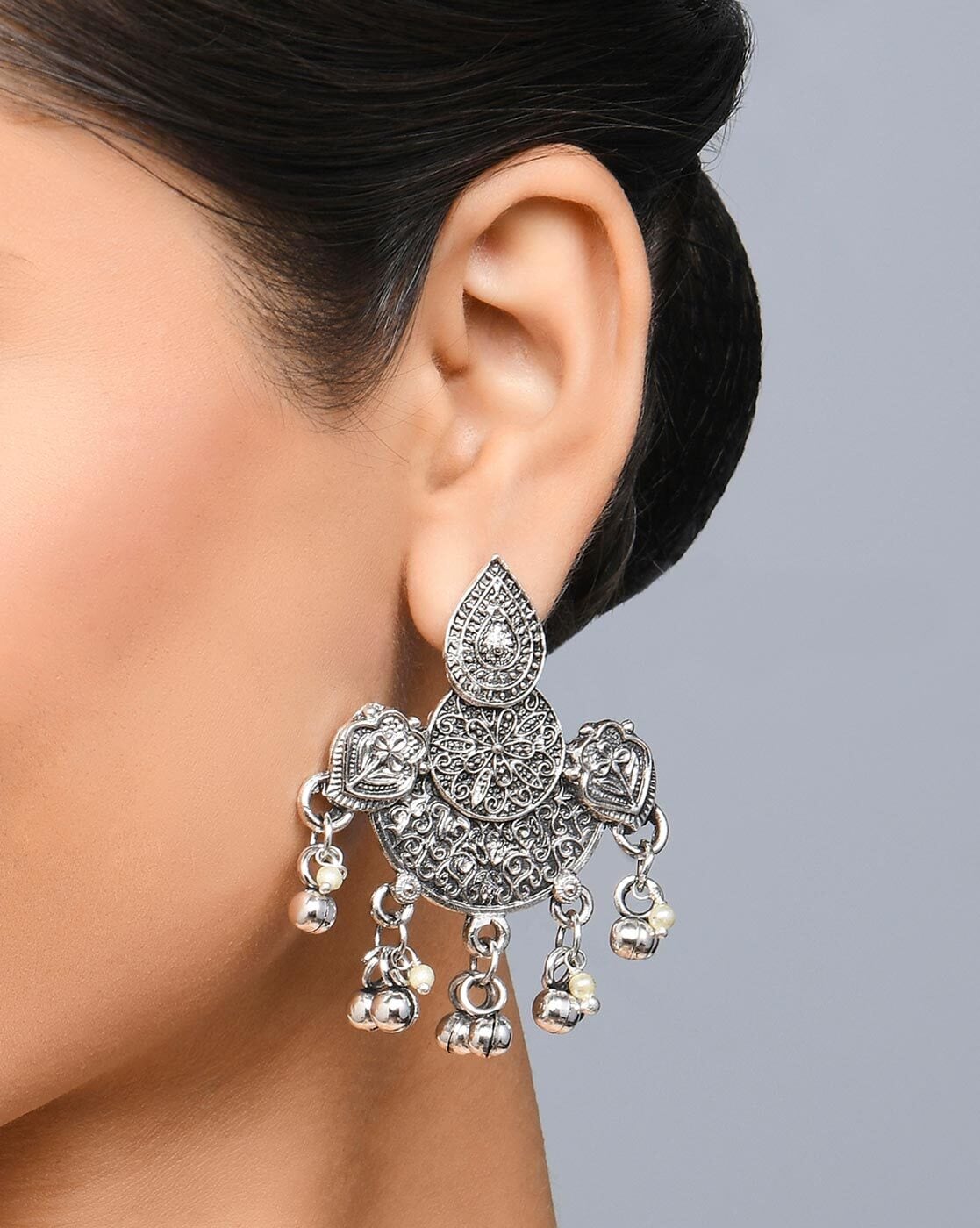 Etnico 18k Silver Oxidised 3 Layered Chandbali Earrings with Kundan an