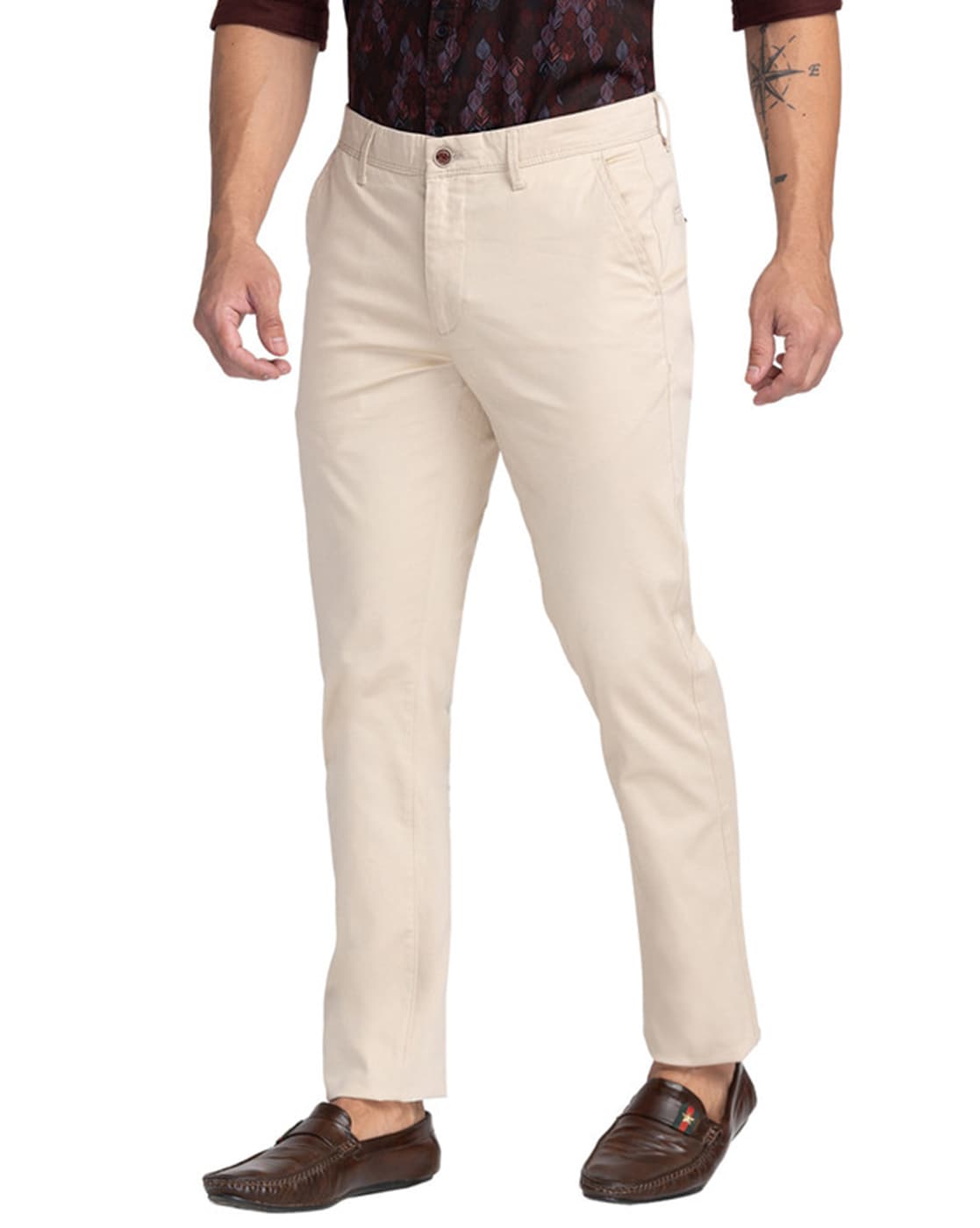 Buy Oxemberg Men Khaki Slim Fit Self Design Regular Trousers - Trousers for  Men 4324005 | Myntra