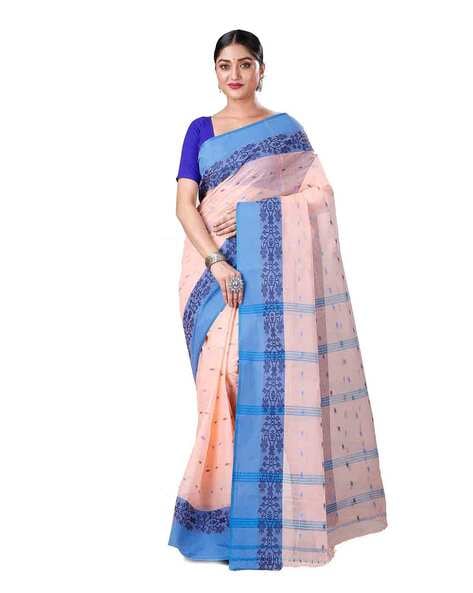 Women Blue & Pink Traditional saree of bengal cotton without