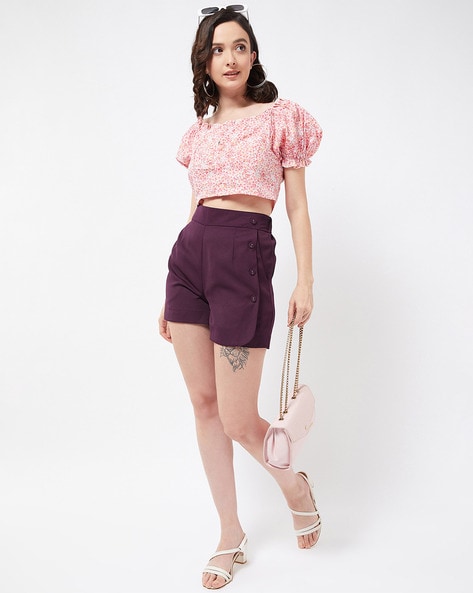 Side-Buttoned Hot Pants with Elasticated Waist