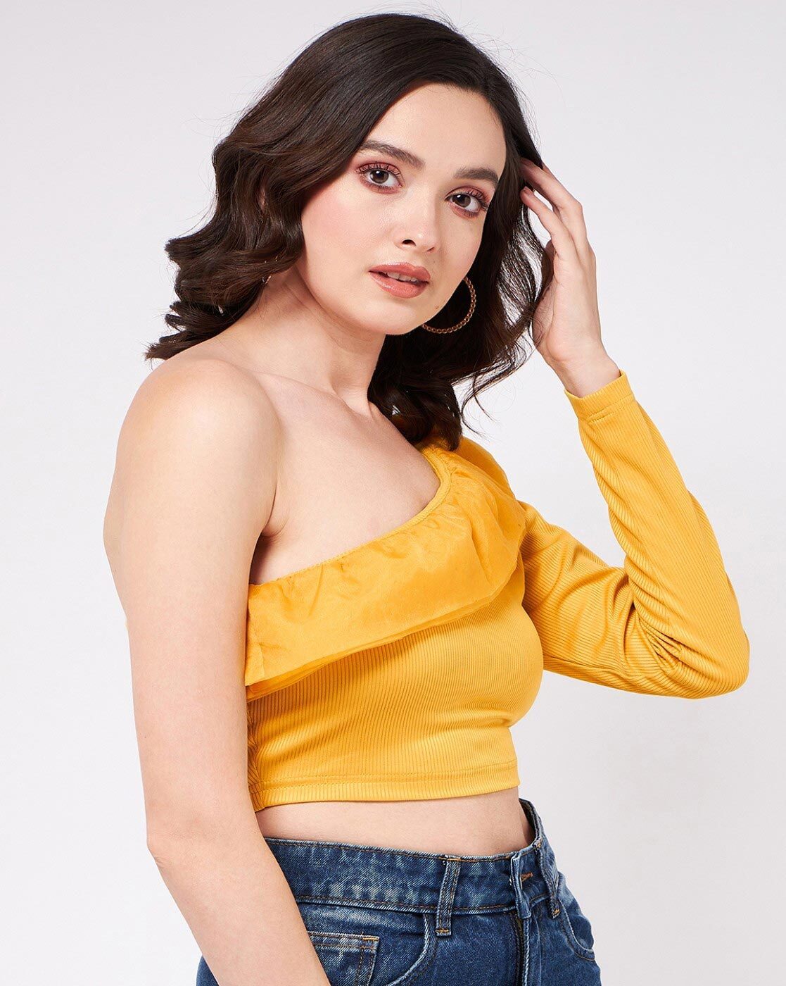 Yellow one shoulder crop 2024 top