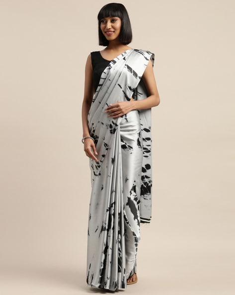 New Grey Color Beautiful Satin Saree With Elegant Black Sequence Blouse