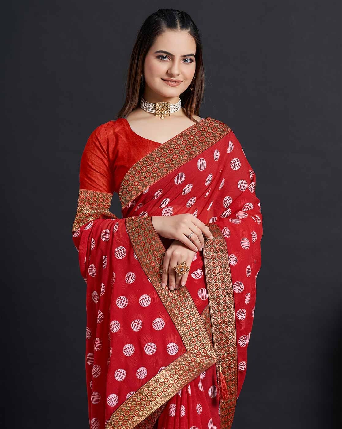 Red Polka Dot Saree with Matching Top