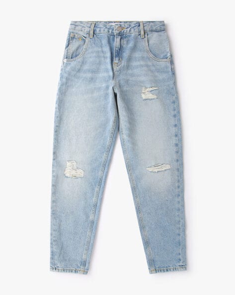 Men's Blue Cotton Blend Ripped Ripped Jeans