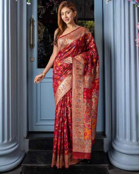 Affordable Red Raw Silk Woven Zari Traditional Saree|SARV121199