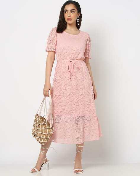 Pink lace fit shop and flare dress