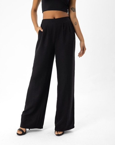 Buy Black Wide-Leg Pleated Trousers Online - RK India Store View