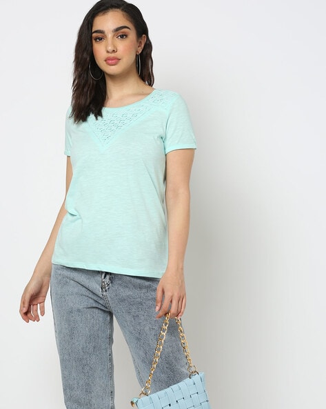 Heathered Crew-Neck T-Shirt with Lace Panel