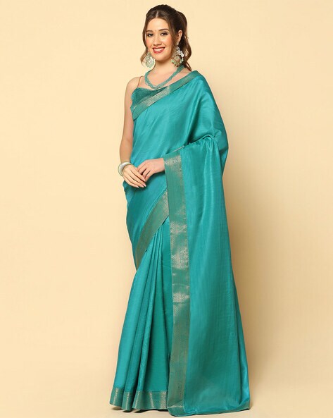 Plain Satin Silk Saree With Velvet Sequence Work Blouse - New In - Indian