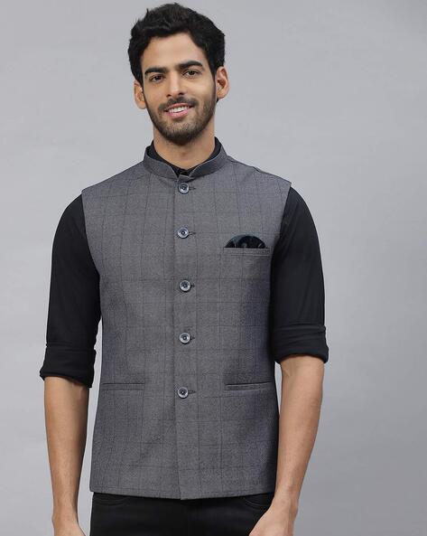 Mens Grey Embroidered Linen Nehru Jacket - Etsy