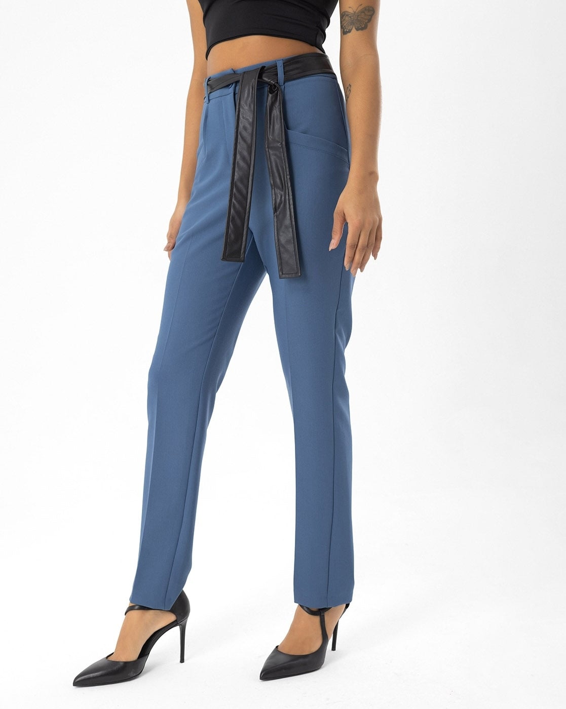 Buy LOV Teal High-Waist Trousers with Fabric Belt from Westside