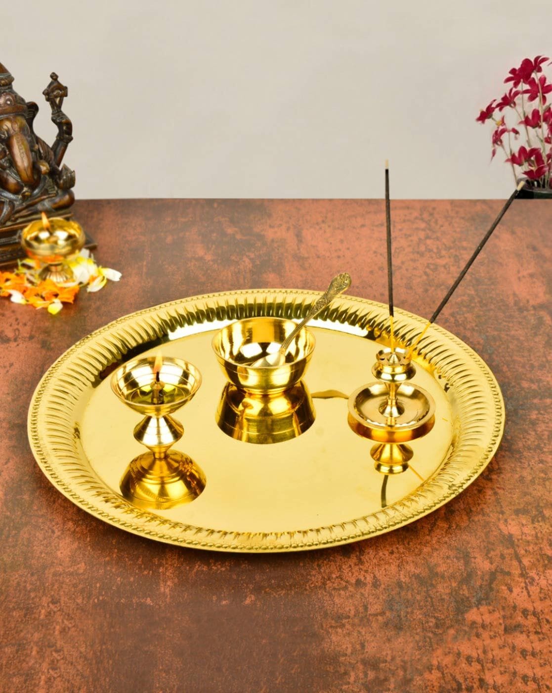 StyleMyWay Brass Pooja Thali Set ( 21.5 cm, Thali, Diya,, Dhoop Katori)  Gold Plated Price in India - Buy StyleMyWay Brass Pooja Thali Set ( 21.5  cm, Thali, Diya,, Dhoop Katori) Gold