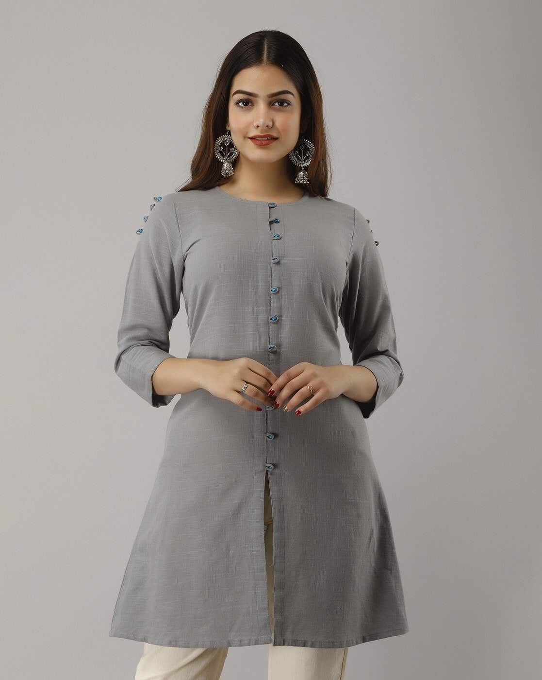 Buy this comfy and casual Grey straight cut embroidered kurti