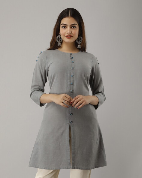 Loom Grey Color With Single Side Multi Color Embroidery Work Straight Kurta  For Women at Rs 551/piece | Umarwada | Surat | ID: 22561205462