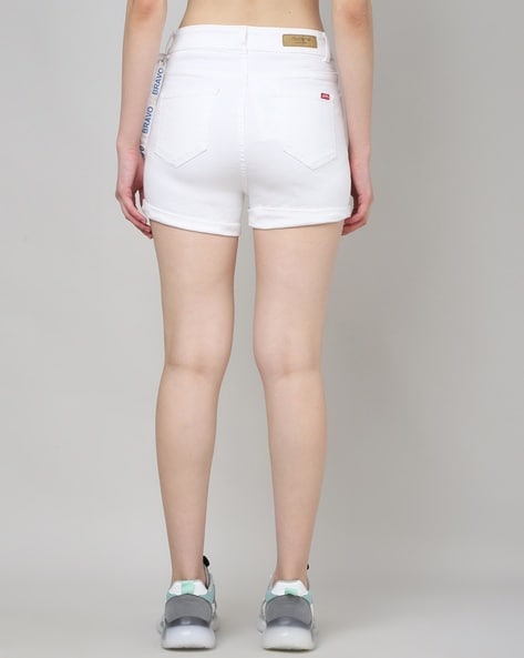 Hips Tight Elastic Side Zip High Waist Denim Shorts Hot Pants, Size:S(White)