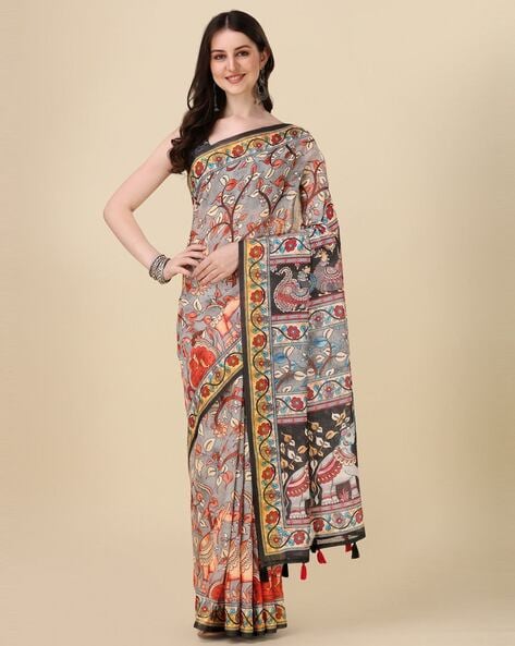 Gray Brown Satin Crepe Kalamkari Printed Saree - Urban Womania