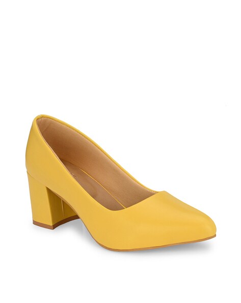 Yellow block heel discount pumps