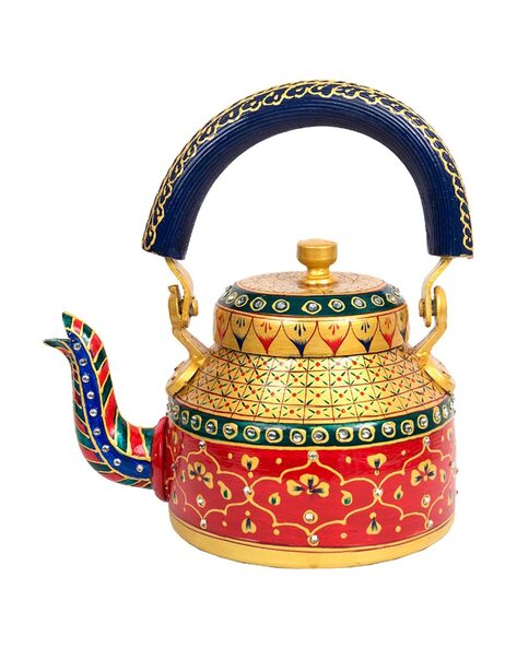 Indian Tea Pot, Tea Set, Tea Kettle, Aluminium Pot, Indian Hand Art,  Multicolor Kettle 8 Piece Product Kettle ,6 Glass, Stand 