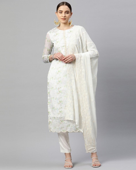White Floral Embroidered Kota Doria Dress Material