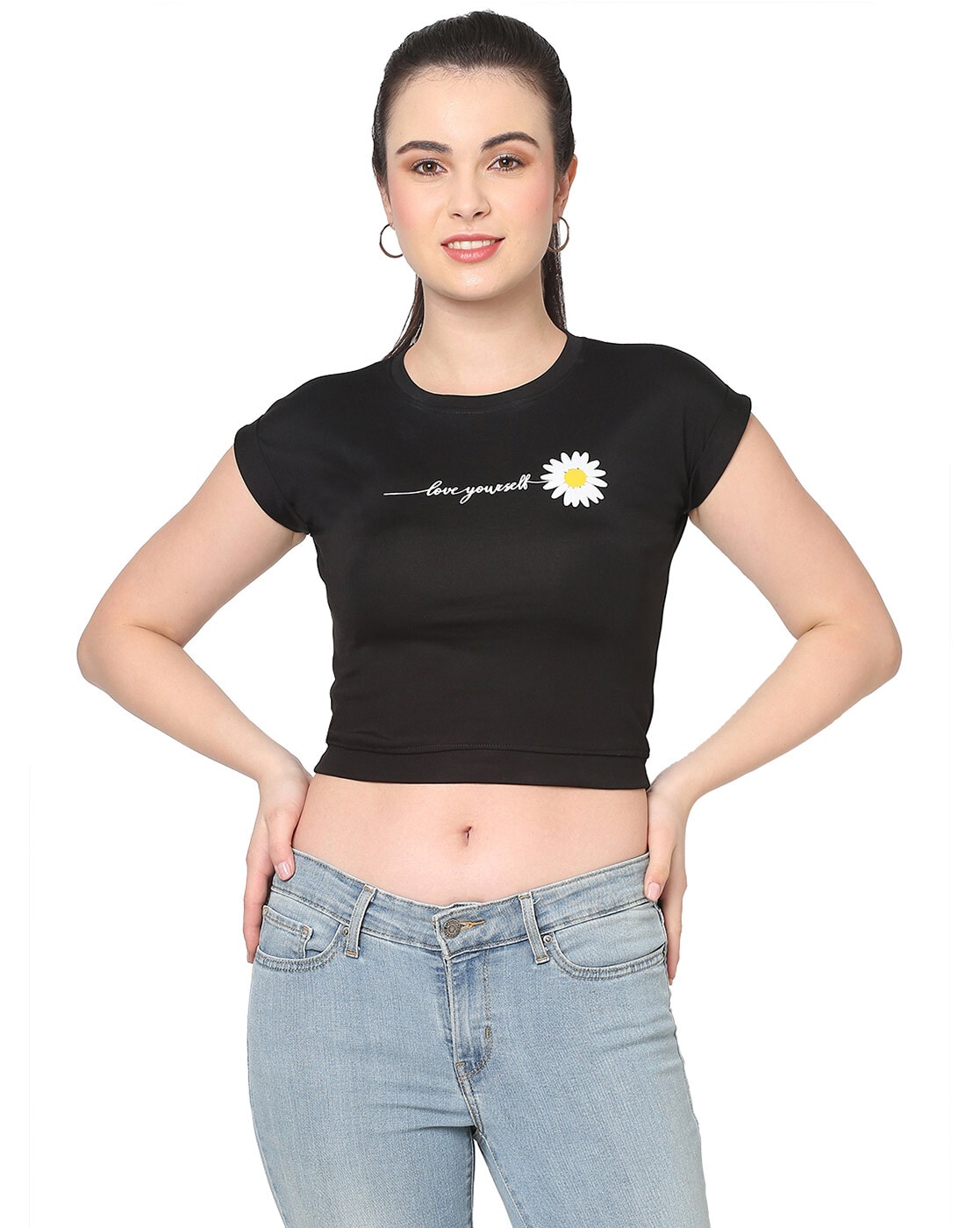 Buy PRINTED BLACK JERSEY CROP TOP for Women Online in India