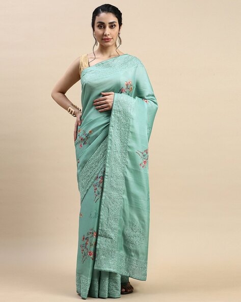 Buy Grey Stripes Tussar Silk Saree Online in USA| Floral Saree Blouse –  Pure Elegance