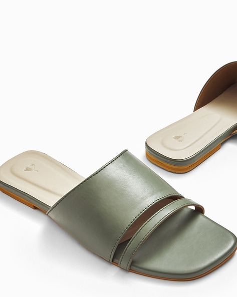 Gisele Comfy Fit Footbed Microfiber Leather Sandals In Olive – elleshoes.my