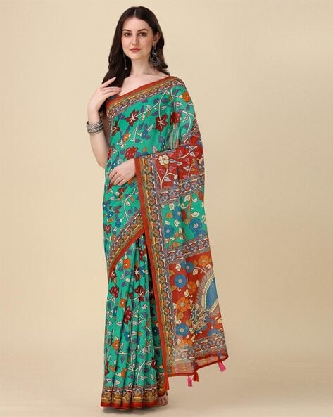 Grey Saree in Cotton Kalamkari Print - Clothsvilla