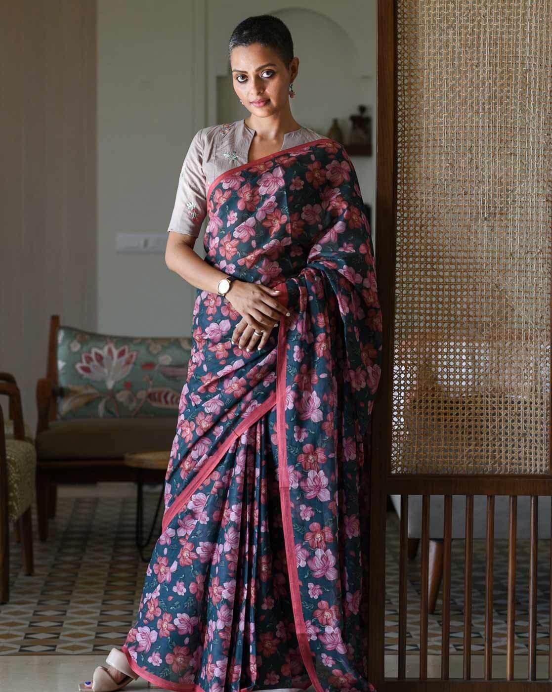 Floral Printed Banarasi Silk Saree | Saree, Pink silk, Modern woman