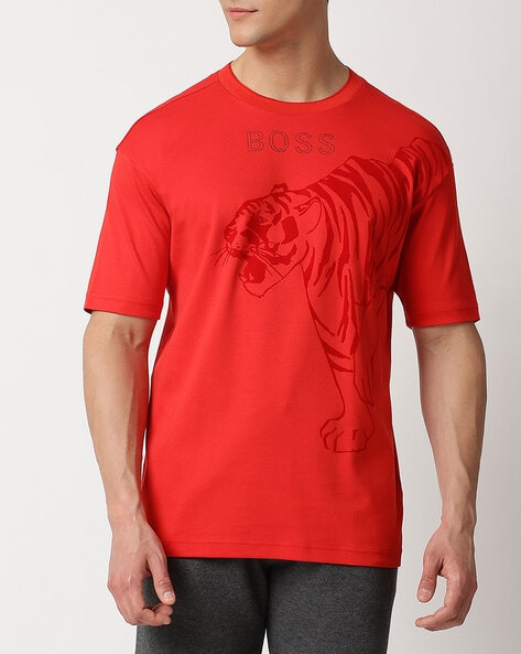 Cotton T-shirt with tiger graphic and rhinestone logo